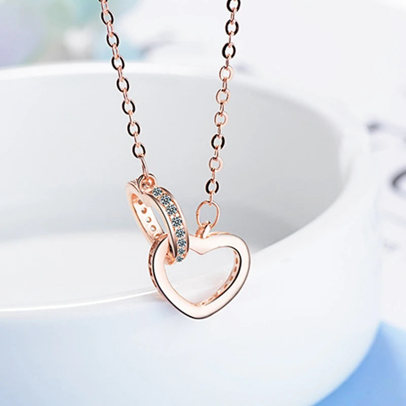 Rose Gold Heart Pendant Necklace Women Niece Aunt Gifts Double Circle Necklaces for Women Chain Birthday Jewelry Christmas Gift