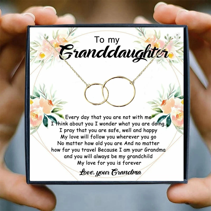 Granddaughter Christmas Necklace Women Grandchild Gifts from Grandmother 2 Interlocking Circles Heartfelt Card & Jewelry Gift