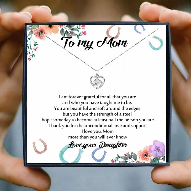 To My Mom Gift Necklace Women Heart Necklaces Girly Heart Crystal Pendant Necklace for Women Birthday Women's Day Gifts Card Box