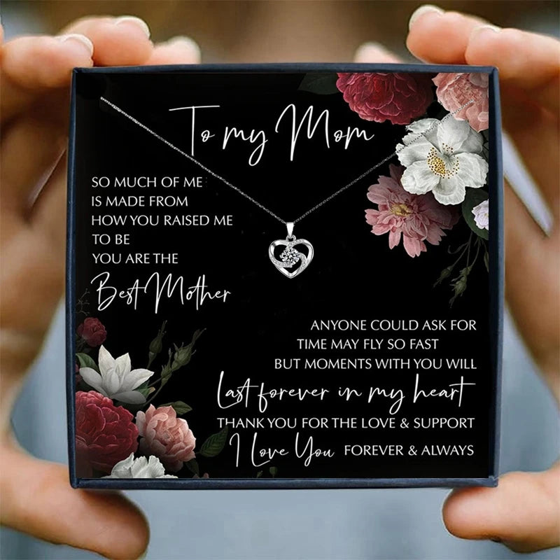 To My Mom Gift Necklace Women Heart Necklaces Girly Heart Crystal Pendant Necklace for Women Birthday Women's Day Gifts Card Box